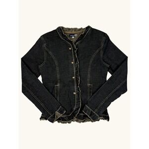 Jean Bourget Girls Dark Wash Ruffle Trim Denim Jacket Size 12A 150 Black Blue
